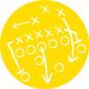 White line icon in a yellow circle -- x's and o's like a football plan