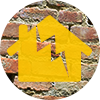 Icon of yellow house with lightning bolt symbol in the middle in a circle with brick image background