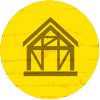 Line drawing of home structure with a yellow background circle
