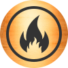 Flame inside black line circle in gold circle icon