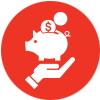 Line icon of hand holding white piggy bank with a coin halfway through the slot, in red circle