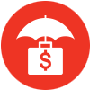 Line icon of white briefcase with dollar sign in the middle under an umbrella, in red circle
