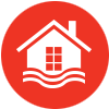 Line icon of white home with horizontal wavy lines at the bottom, in red circle