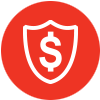 Line icon of white shield with dollar sign in the middle in red circle