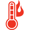 Red line icon of a thermometer with a flame behind it