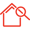 Red line icon of a house under a magnifying glass