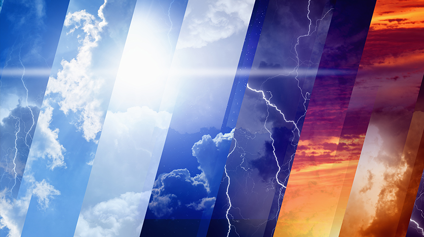 Paneled image showing clear day, rain, thunderstorm and sunrise