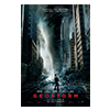 Video poster for movie Geostrom with a man standing in the middle of a city street with waves from an ocean coming his way