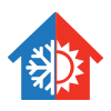 Line drawing of a house with a line down the middle, left side is red with a white outline of a sun, the left side has a blue background with a white snowflake drawing