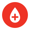 Line drawing icon of a teardrop with a plus sign in the middle within a red circle